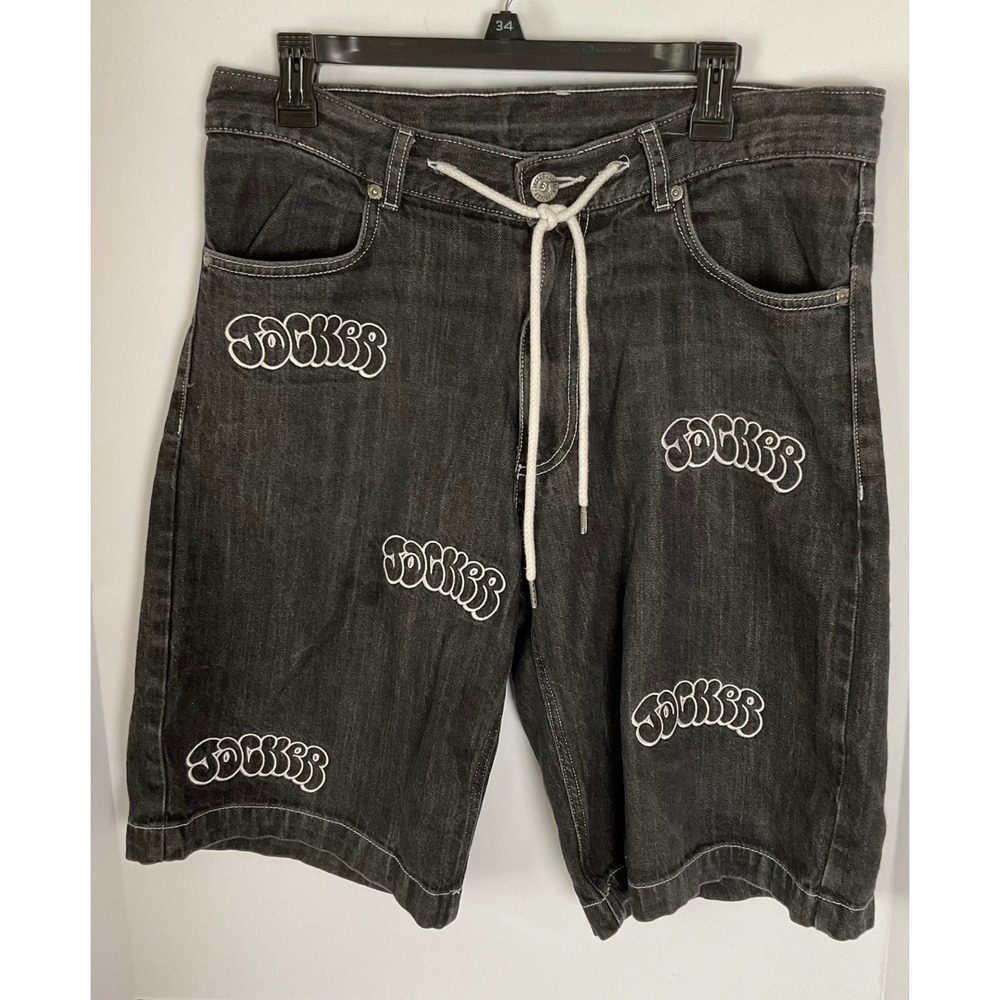 Jacker Washed Black Denim Shorts Mens Size S skater Logo Embroidered Streetwear